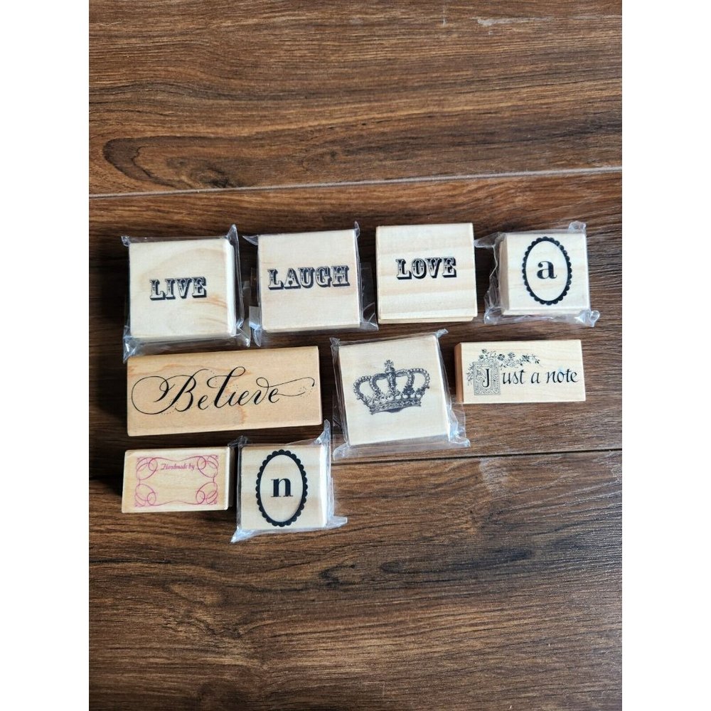 Wooden Rubber Stamps: Vintage Feminine Cursive Lot (Crown, Text, Storybook)